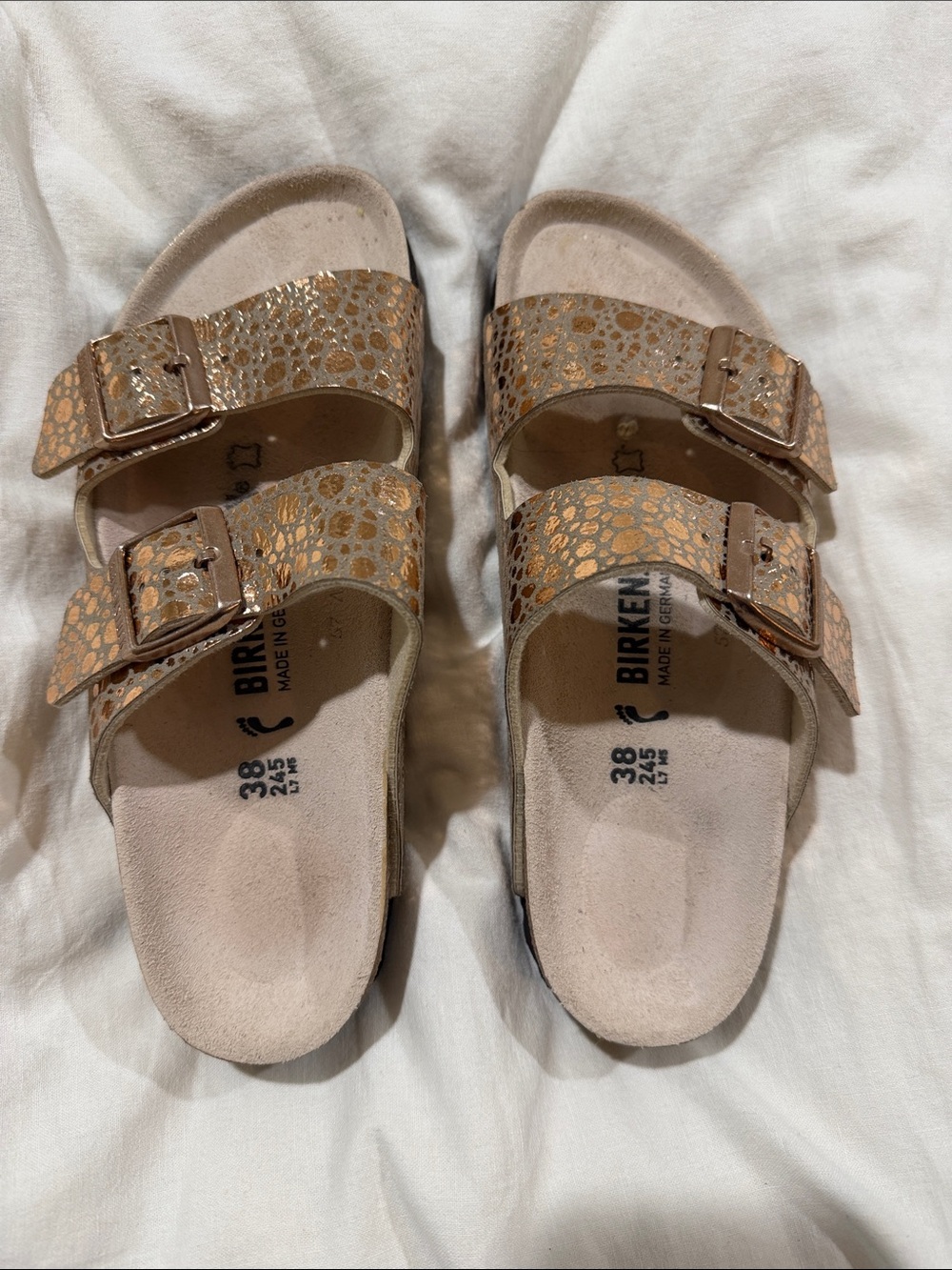 Birkenstock Women’s Rose Gold Arizona Metallic Gold Leopard Print Sandals 38